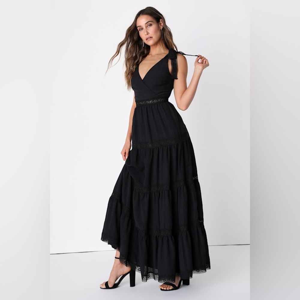 Lovely Imaginings Black Tiered Lace Tie-Strap Maxi Dress